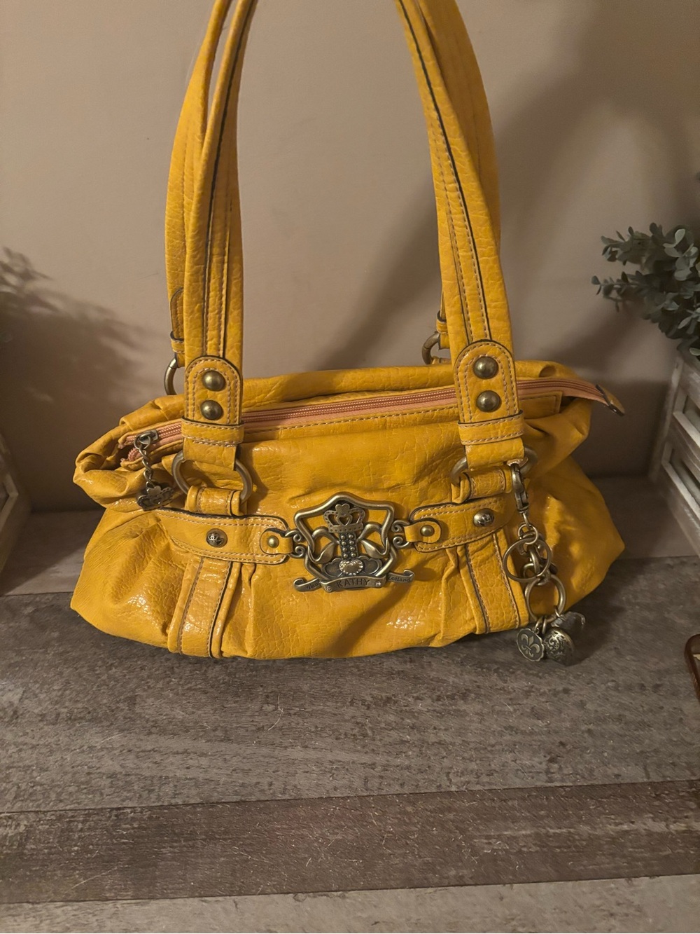 Kathy Van Zeeland Yellow Shoulder Bag with Brass Accents VINTAGE
